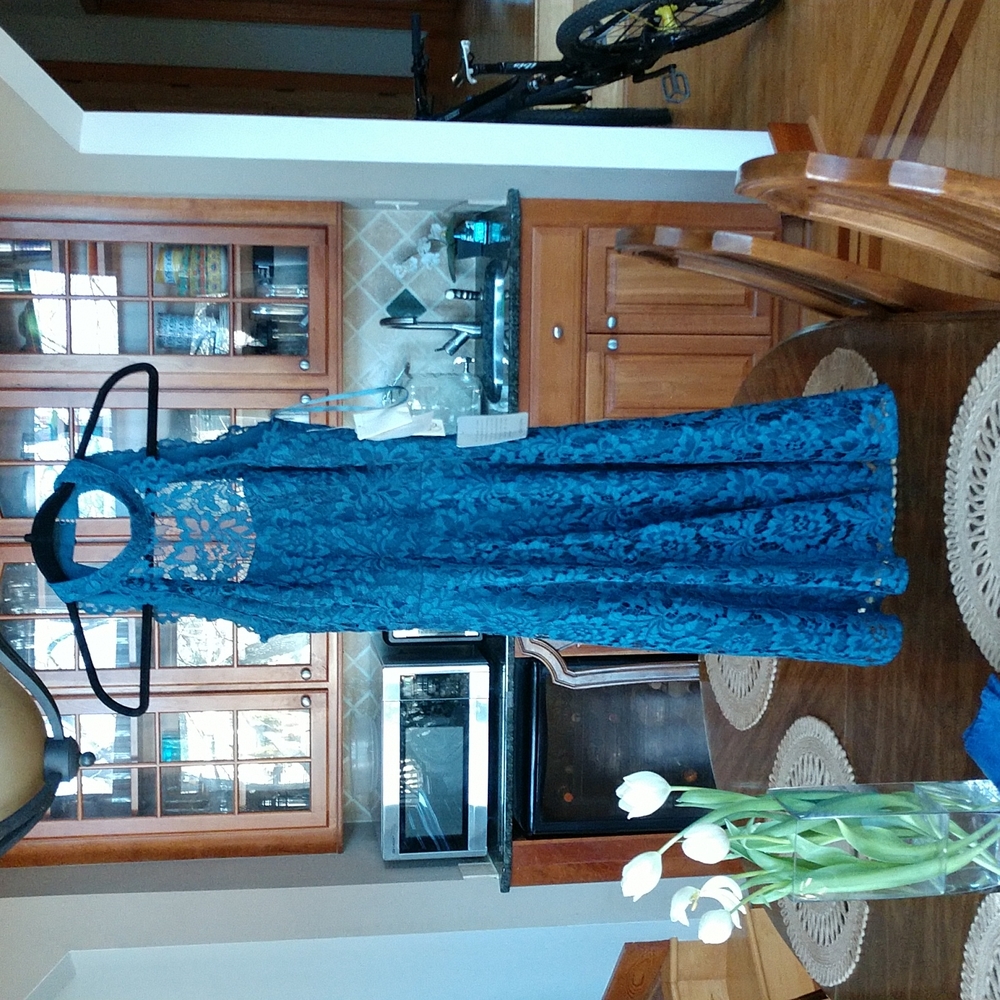Eliza J. Teal Lace High Neck Midi Dress